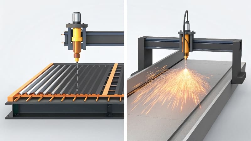 A thick steel plate being cut by a plasma torch
