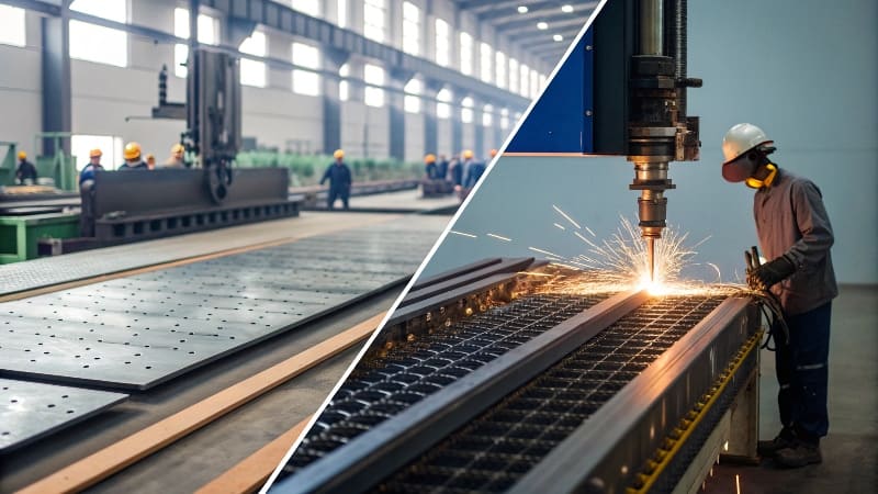A robotic laser cutter working on a thin sheet of metal