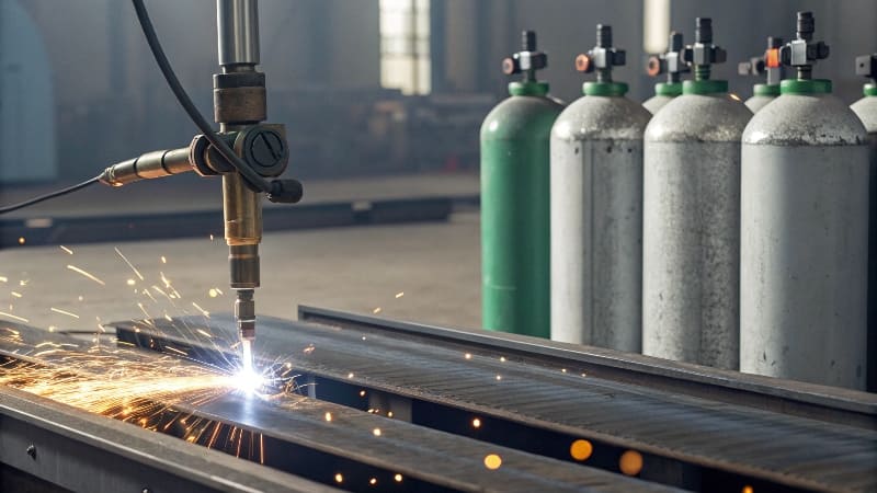Gas cylinders lined up next to a CNC plasma cutting table