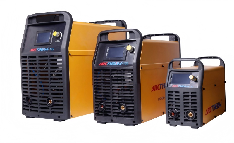 Close-up of ARCTHERM plasma cutting consumables: electrode, nozzle, shield cap