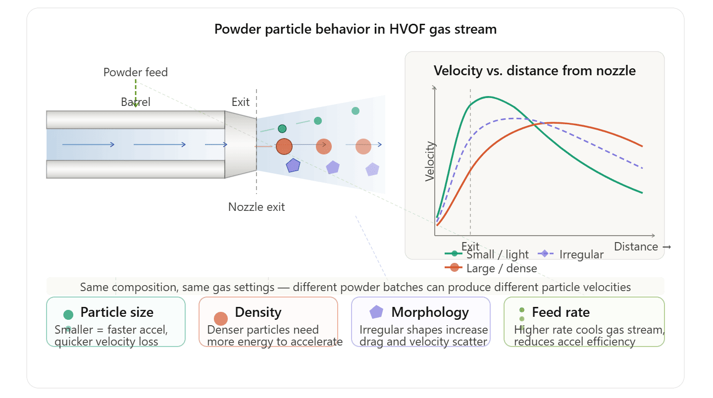 Powder particle behavior in HVOF gas stream