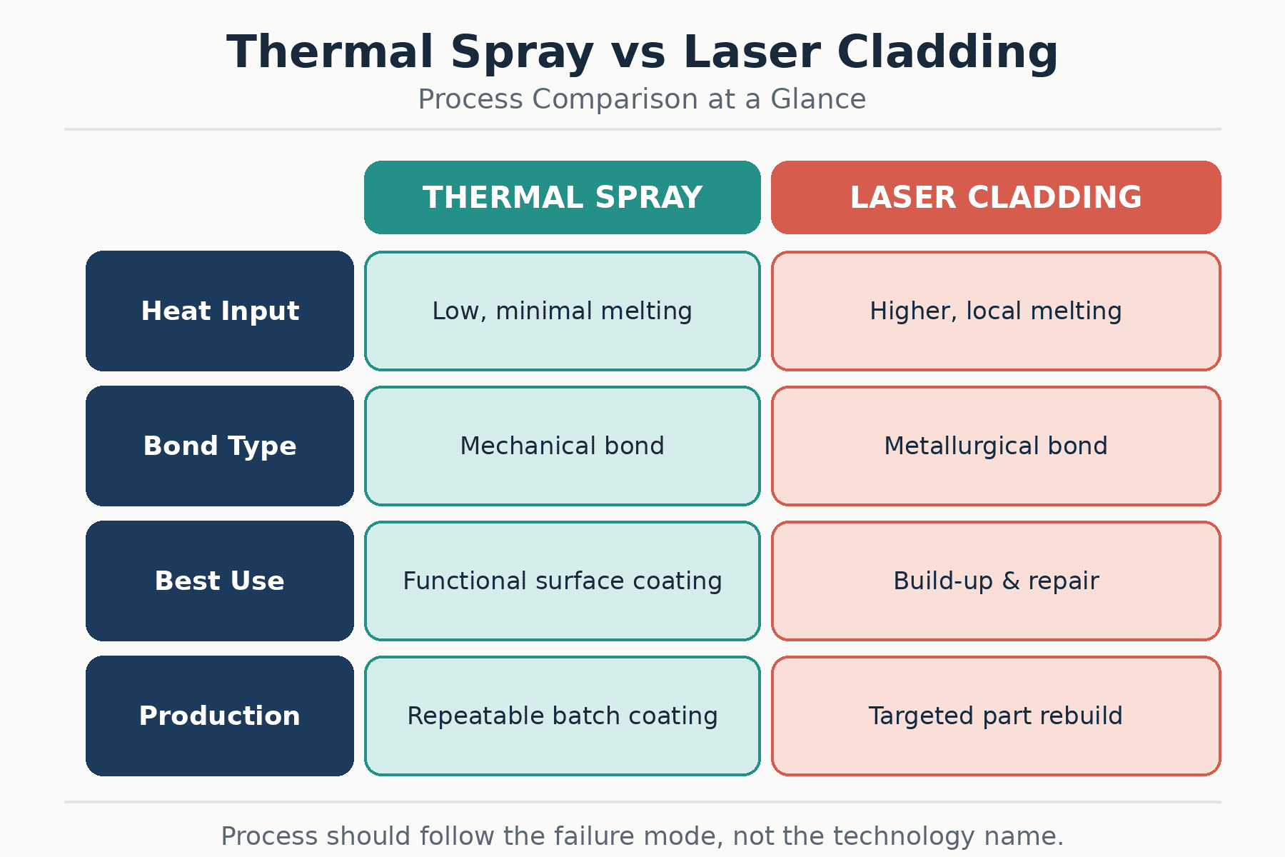 Thermal Spray vs Laser Cladding process comparison for industrial repair decisions