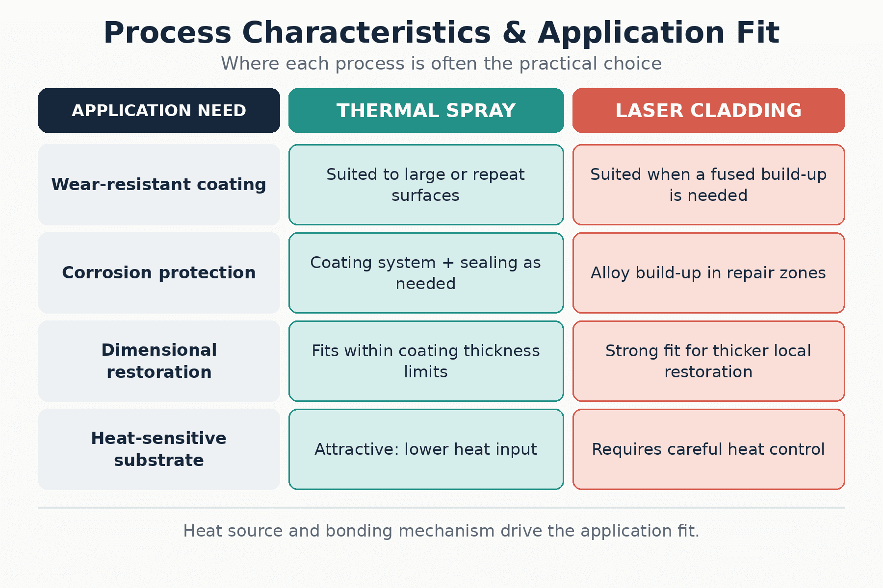 Thermal Spray vs Laser Cladding process characteristics and applications